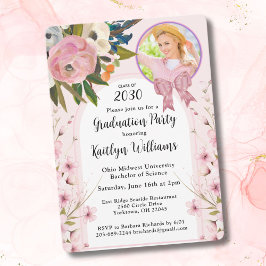Invitación Watercolor Pink Bow Floral Photo Arch Graduation