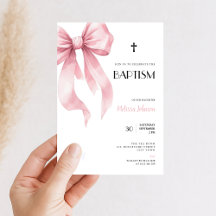Watercolor Pink Bow for Girls Baptism Invitation