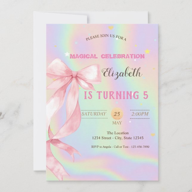 Invitación Watercolor Pink Bow Holographic Birthday (Anverso)