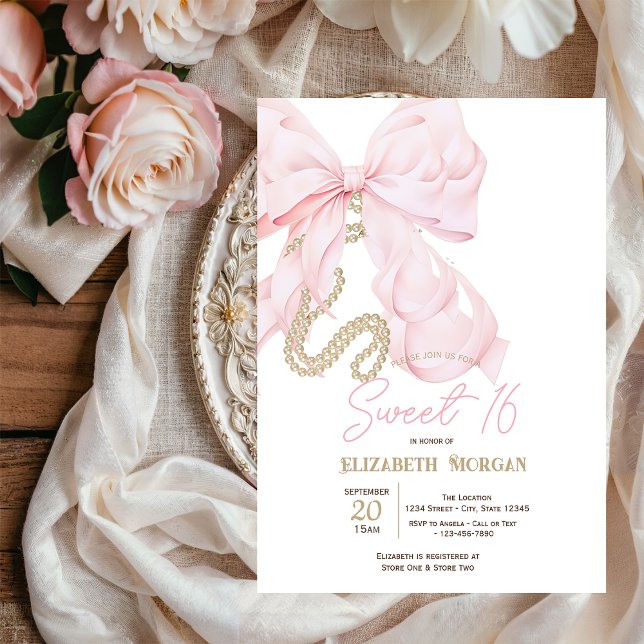 Invitación Watercolor Pink Bow Pearls Dots Sweet 16 (Subido por el creador)