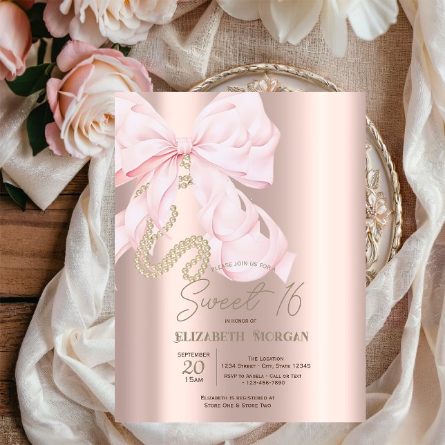 Invitación Watercolor Pink Bow Pearls Rose Gold Sweet 16 (Subido por el creador)