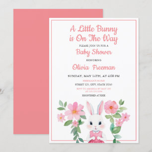 Invitación Watercolor Pink Bunny Chica Floral Baby Shower