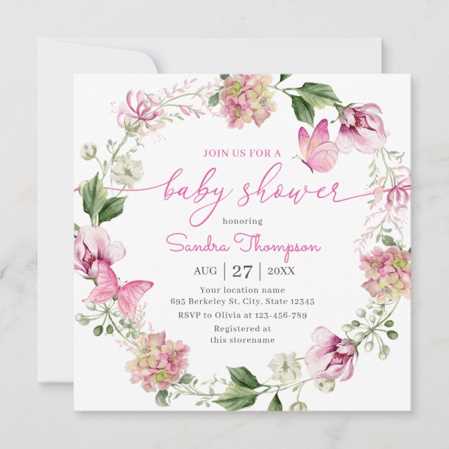 Invitación Watercolor Pink Butterfly Floral Baby Shower (Anverso)