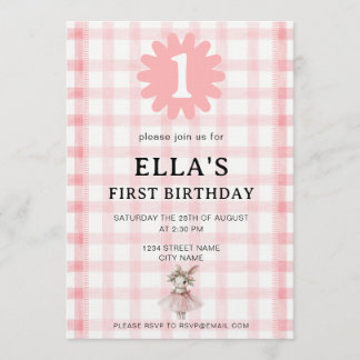 Invitación Watercolor Pink Check Bunny Birthday Invitation