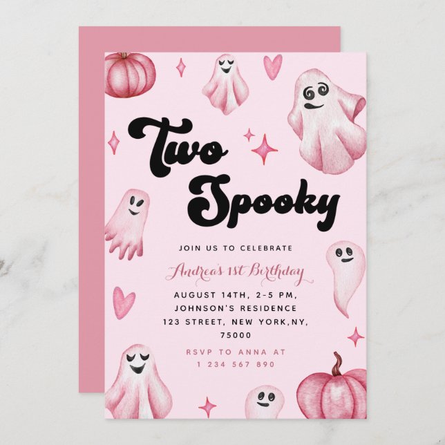 Invitación Watercolor Pink Cute Ghost Two Spooky Second Birth (Anverso / Reverso)