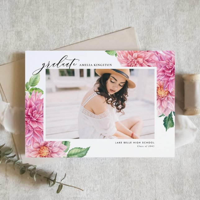 Invitación Watercolor Pink Dahlia Botanical Photo Graduation (Celebrate your milestone with this customizable watercolor pink dahlia photo graduation invitation.)