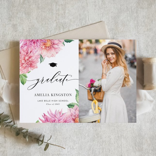 Invitación Watercolor Pink Dahlia Floral Photo Graduation (Customizable botanical photo graduation invitation featuring watercolor pink dahlia flowers.)