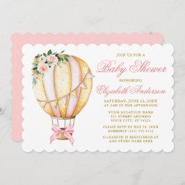 Invitación Watercolor Pink Floral Air Balloon Bow Baby Shower