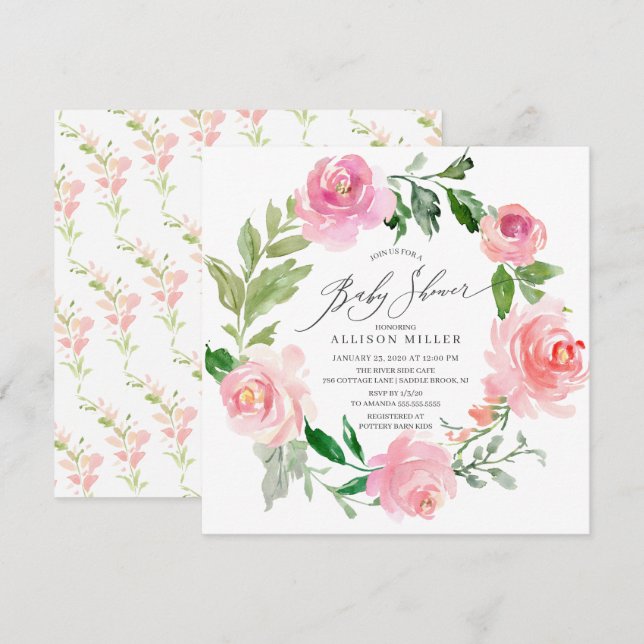 Invitación Watercolor Pink Floral Baby Shower (Anverso / Reverso)