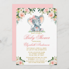Invitación Watercolor Pink Floral Elephant Bow Baby Shower