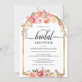 Invitación Watercolor Pink Floral Gold Arch Ducha de novias