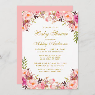 Invitación Watercolor Pink Floral Gold Baby Shower
