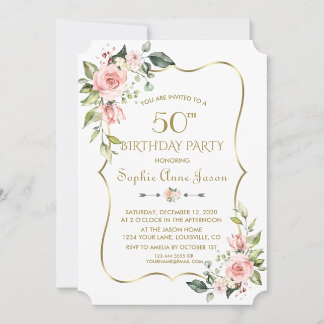 Invitación Watercolor Pink Floral Gold Frame 50 cumpleaños (Anverso)