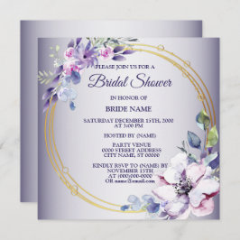 Invitación Watercolor Pink Floral Golden Purple Bridal Shower