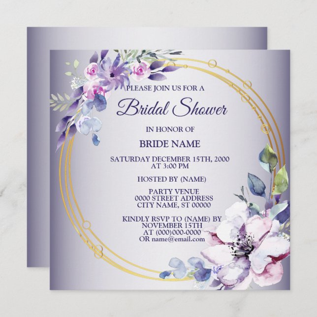 Invitación Watercolor Pink Floral Golden Purple Bridal Shower (Anverso / Reverso)
