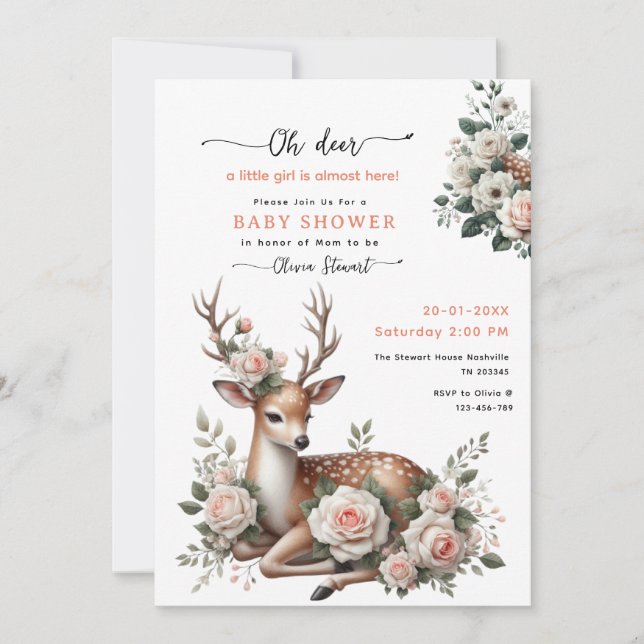 Invitación Watercolor Pink Floral oh deer baby shower  (Anverso)