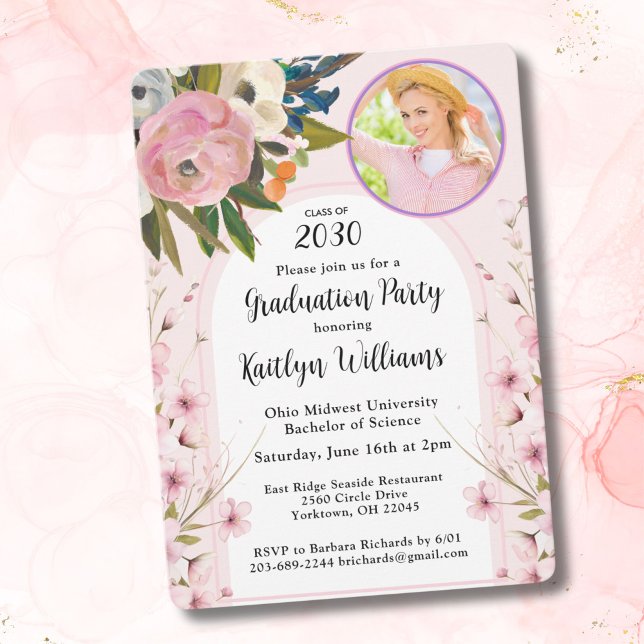 Invitación Watercolor Pink Floral Photo Arch Graduation Party (Subido por el creador)