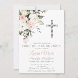 Invitación Watercolor Pink Florals First Holy Communion