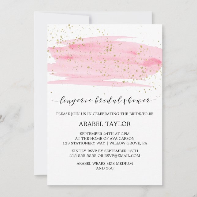 Invitación Watercolor Pink & Gold Lingerie Briower (Anverso)