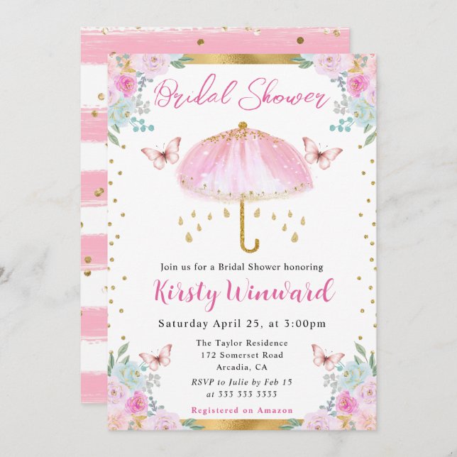 Invitación Watercolor Pink Gold Spring Brimbrella Shower (Anverso / Reverso)