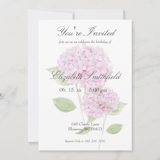 Invitación Watercolor Pink Hydrangea Invitation (Anverso)