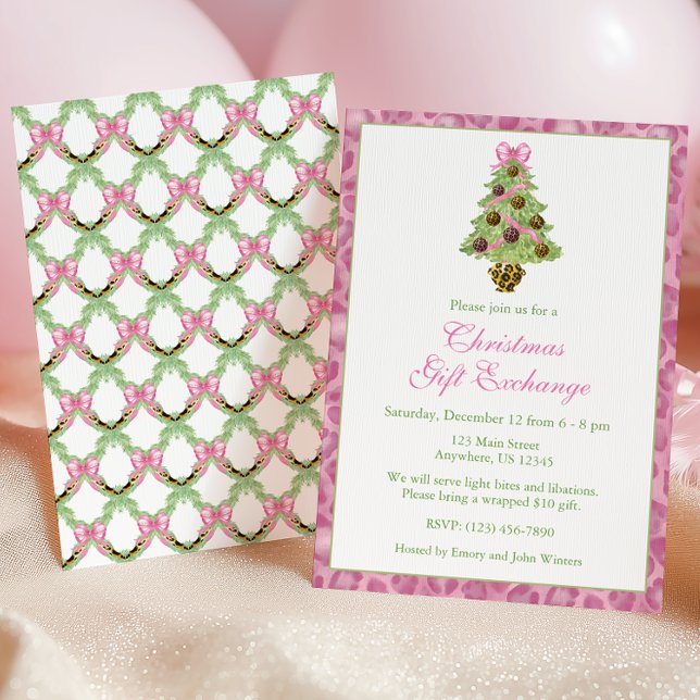 Invitación Watercolor Pink Leopard Christmas Tree Party (Subido por el creador)