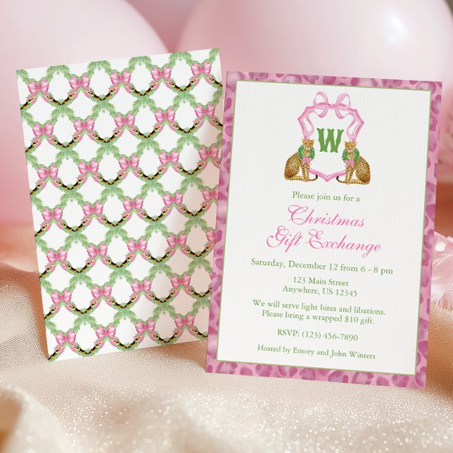 Invitación Watercolor Pink Leopard Monogram Crest Party (Subido por el creador)
