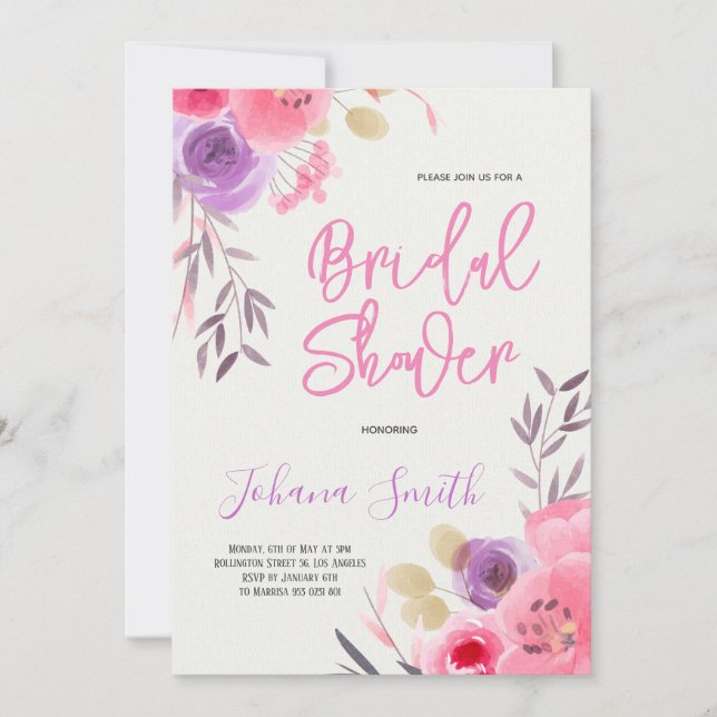 Invitación Watercolor Pink Morple Floral Bridal Shower (Anverso)