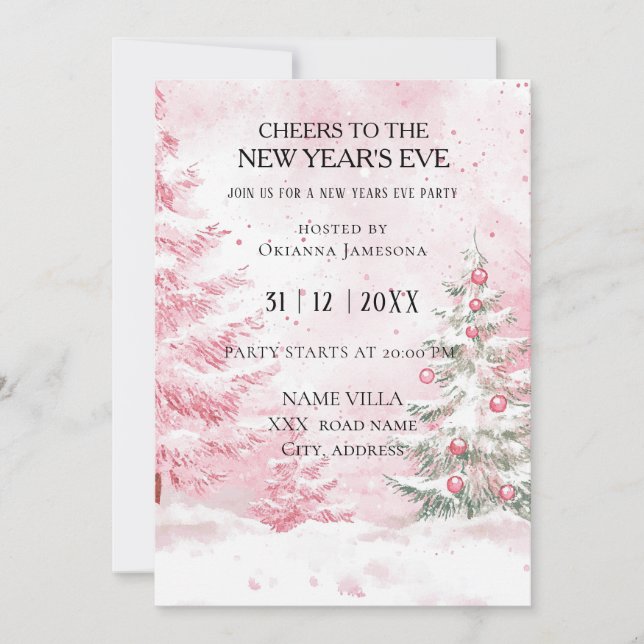 Invitación Watercolor Pink New Year's Eve Party  (Anverso)