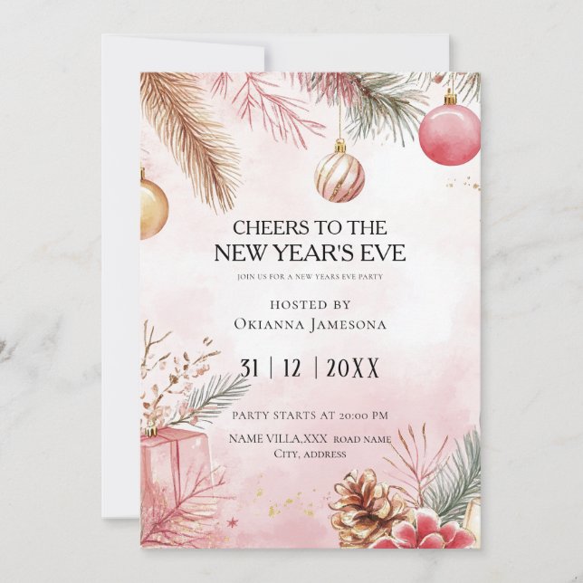 Invitación Watercolor Pink New Year's Eve Party  (Anverso)