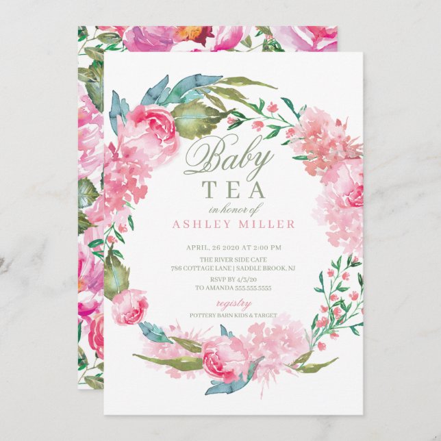 Invitación Watercolor Pink Peonies Baby Shower Tea (Anverso / Reverso)