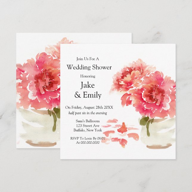 Invitación Watercolor Pink Peonies Mason Jar Wedower (Anverso / Reverso)