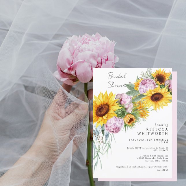Invitación Watercolor Pink Peonies & Sunflower Bridal (Subido por el creador)