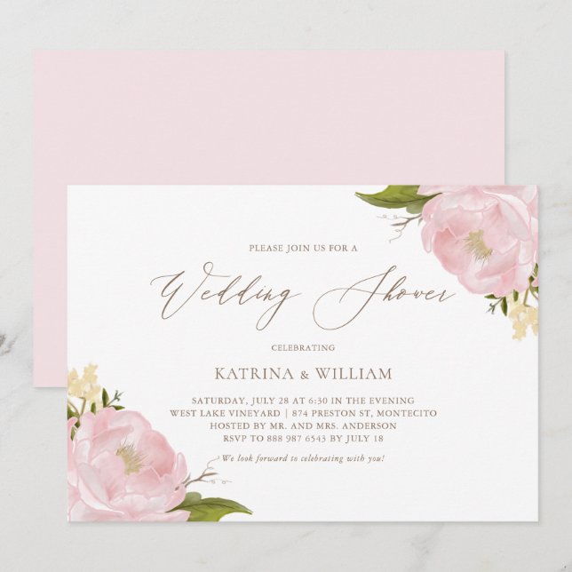 Invitación Watercolor Pink Peonies Wedding Shower (Anverso / Reverso)