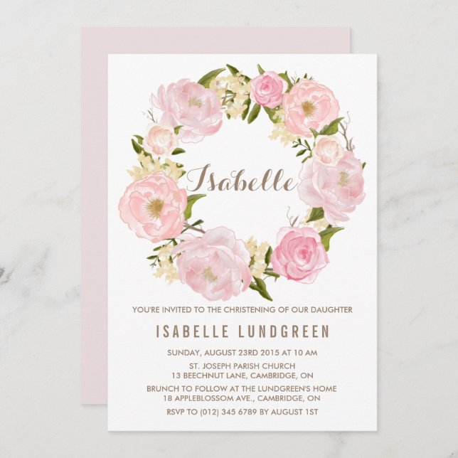 Invitación Watercolor Pink Peonies Wreath Christening (Anverso / Reverso)