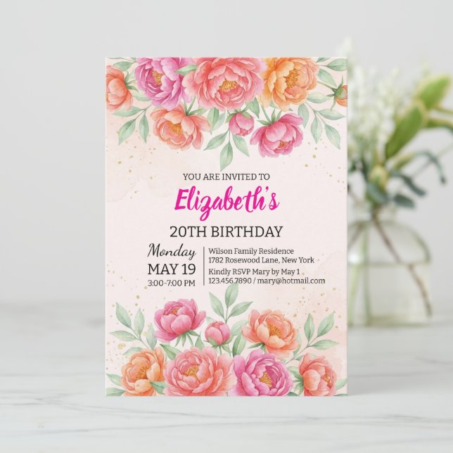 Invitación Watercolor Pink Peony Floral Birthday (Anverso de pie)