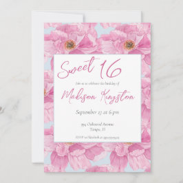 Invitación Watercolor Pink Peony Sweet 16 Fiesta