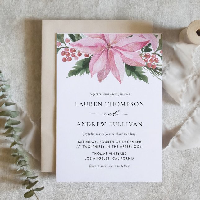 Invitación Watercolor Pink Poinsettia Floral Winter Wedding (Gray Modern Minimalist Foliage Wedding Invitation)