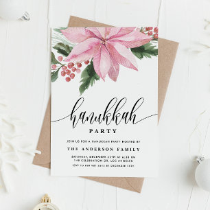 Invitación Watercolor Pink Poinsettia Holly Hanukkah Fiesta