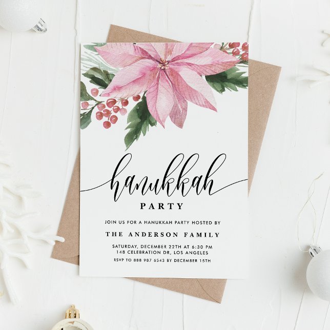 Invitación Watercolor Pink Poinsettia Holly Hanukkah Fiesta (Subido por el creador)