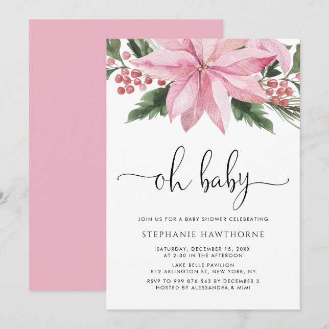 Invitación Watercolor Pink Poinsettia Winter Baby Shower (Anverso / Reverso)