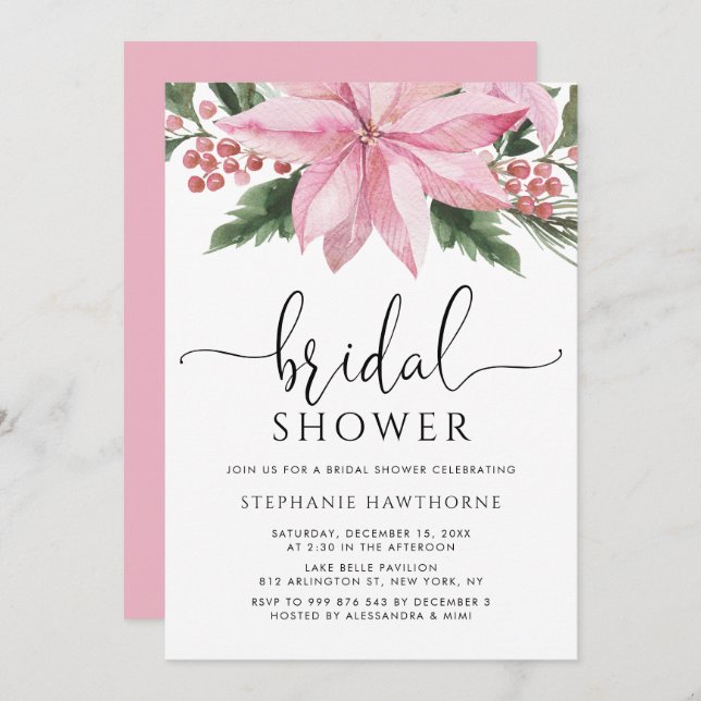 Invitación Watercolor Pink Poinsettia Winter Bridal Shower (Anverso / Reverso)