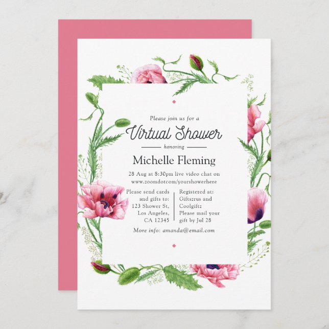 Invitación Watercolor Pink Poppies Virtual Shower (Anverso / Reverso)