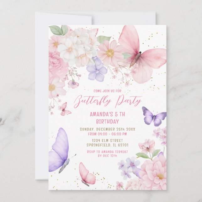Invitación Watercolor Pink Purple Butterflies 5th Birthday  (Anverso)