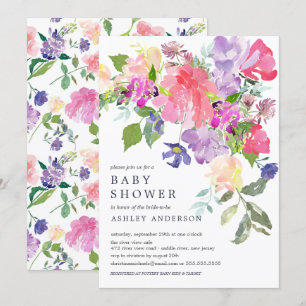 Invitación Watercolor Pink Purple Floral Baby Shower