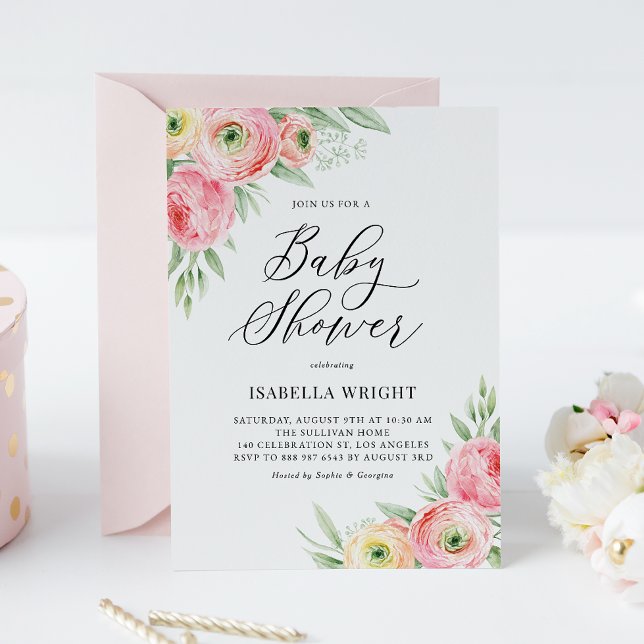 Invitación Watercolor Pink Ranunculus Spring Baby Shower (Subido por el creador)