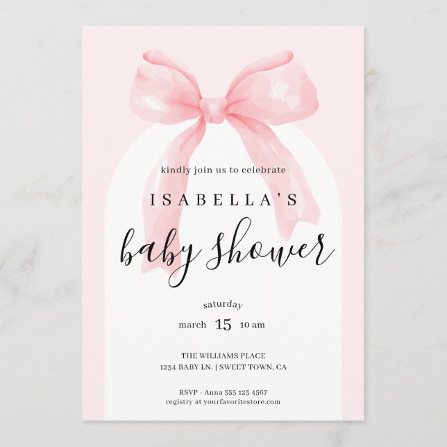 Invitación Watercolor Pink Ribbon Bow Baby Shower (Anverso)