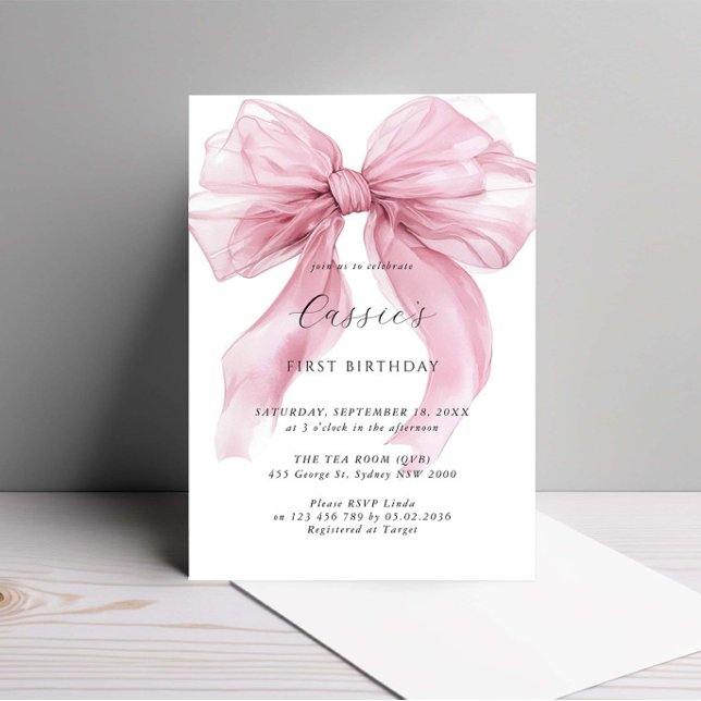Invitación Watercolor Pink Ribbon Bow Primer cumpleaños (Subido por el creador)