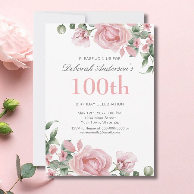 Invitación Watercolor PInk Rose 100th Birthday Party  (Subido por el creador)