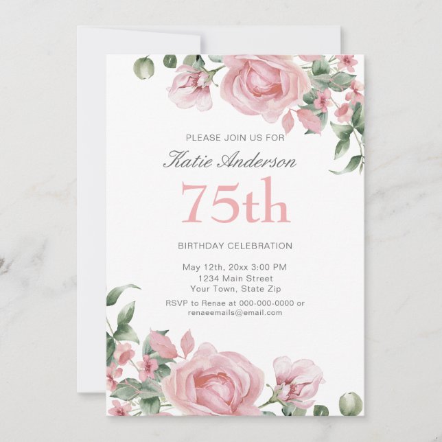 Invitación Watercolor PInk Rose 75th Birthday Party  (Anverso)